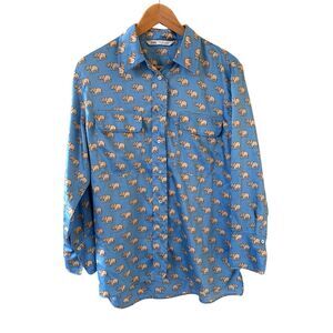 Zara Womens Blouse Elephant Print Size Small Blue Button Up Whimsical Preppy 90s